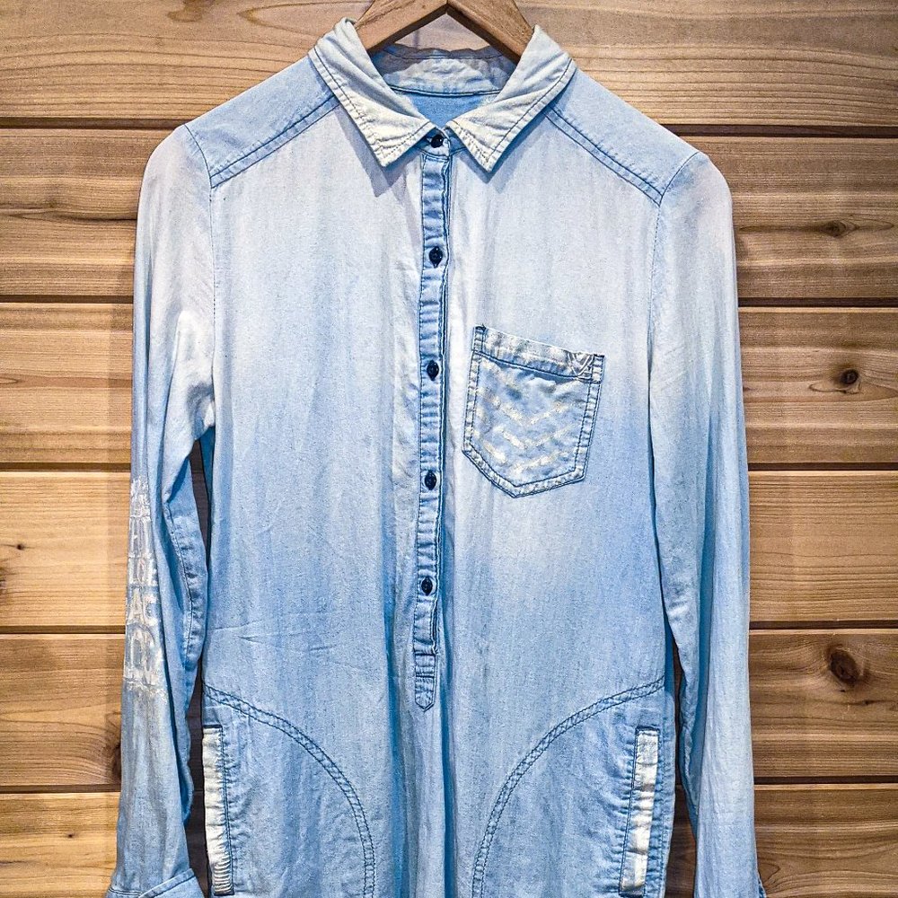 Distressed, light denim dress